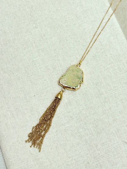 Gracie Rose Designs - One of a Kind Gold Green Sea Jasper Pendant Tassel Necklace