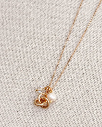 Gracie Rose Designs - Freshwater Pearl Knot Gold Necklace with Crystal Accent
