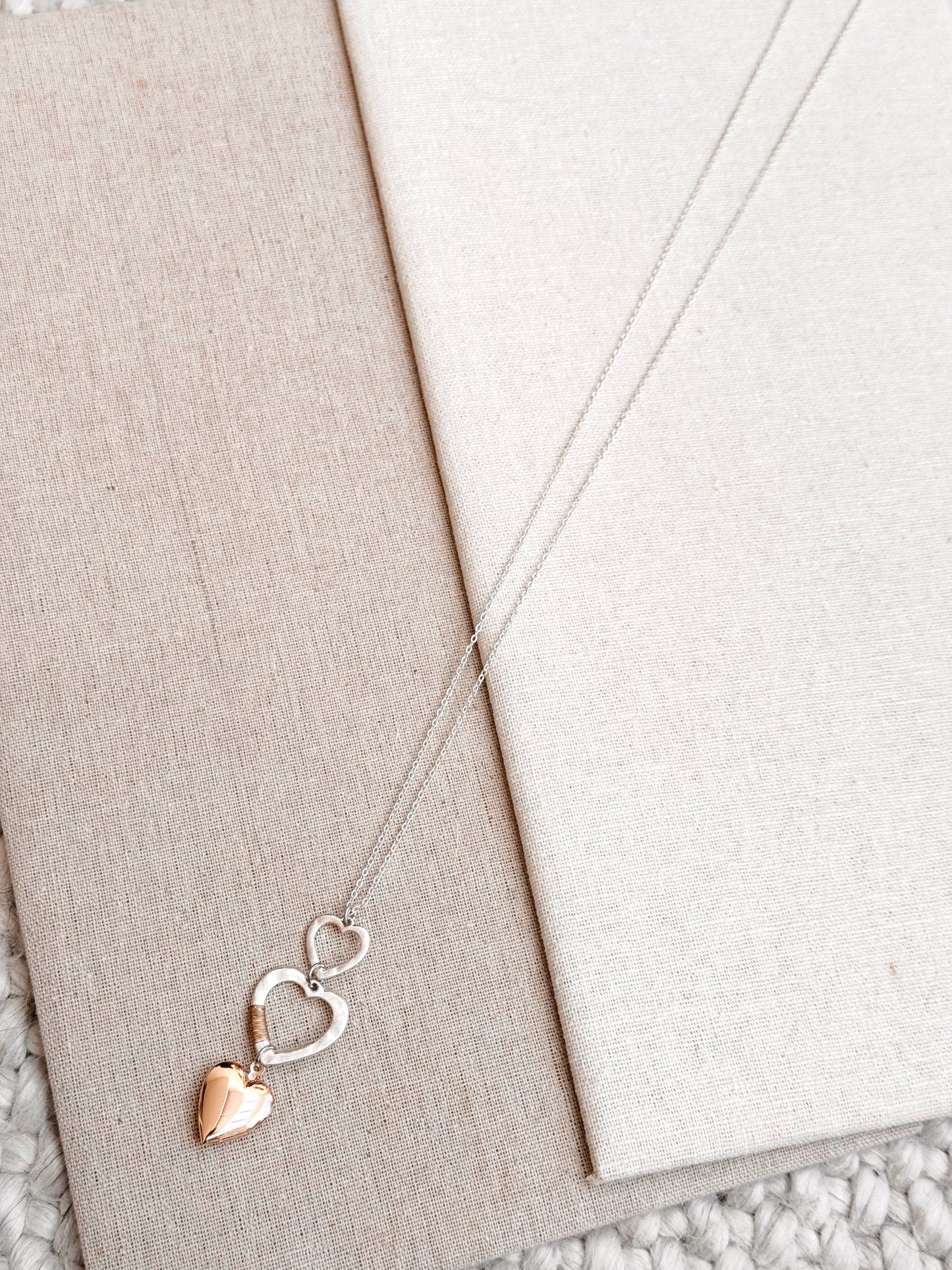 Gracie Rose Designs - Two Tone Wire Wrapped Heart Locket Long Pendant Necklace