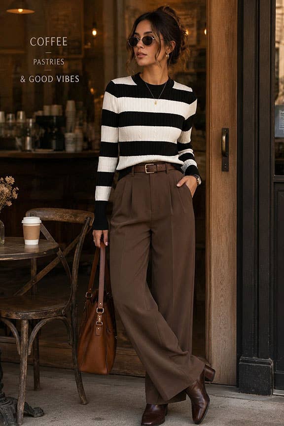 TIMING - Stripe Cable Knit Sweater Mocha Colored