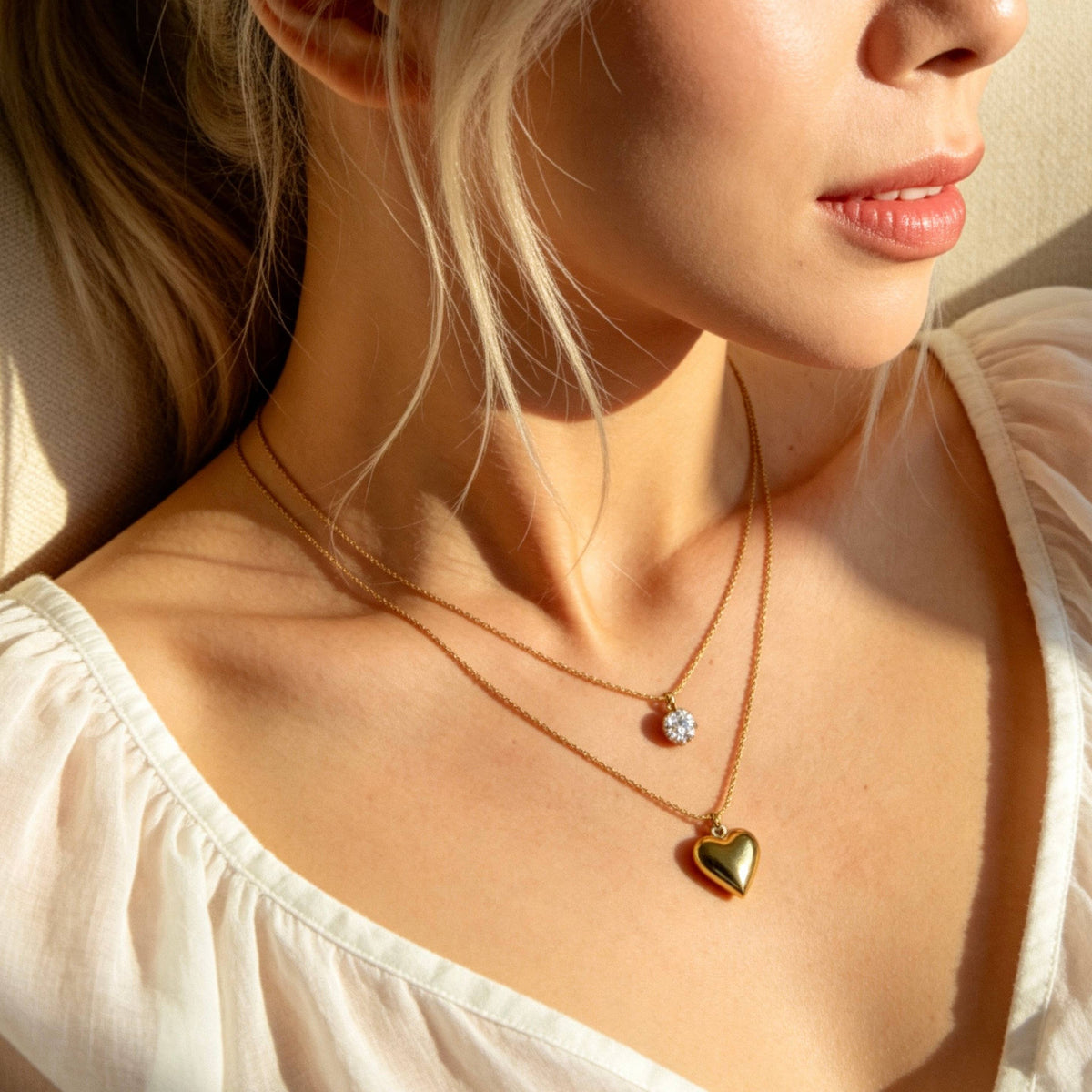 Aurea Jewelry - Layered Heart Necklace with Cubic Zirconia Charm