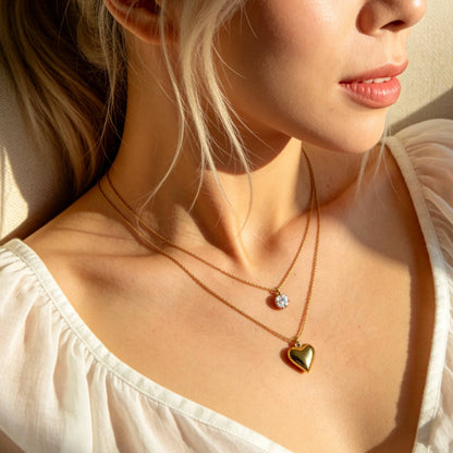 Aurea Jewelry - Layered Heart Necklace with Cubic Zirconia Charm