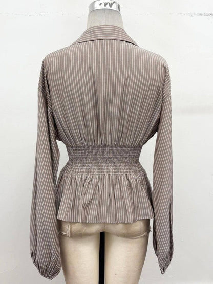 TIMING - Pinstripe Smocked Waist Peplum Blouse