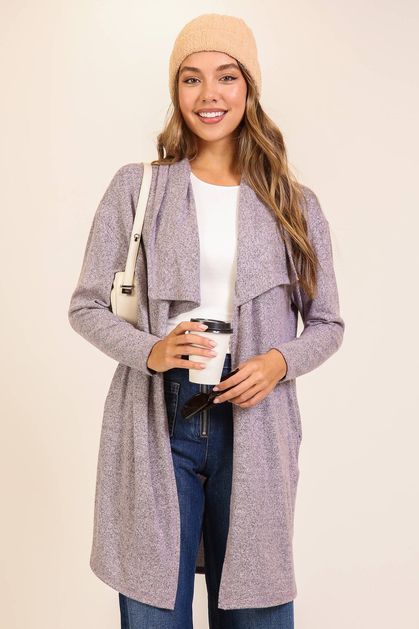 TIMING - Cozy Open-Front Knit Cardigan Lavender