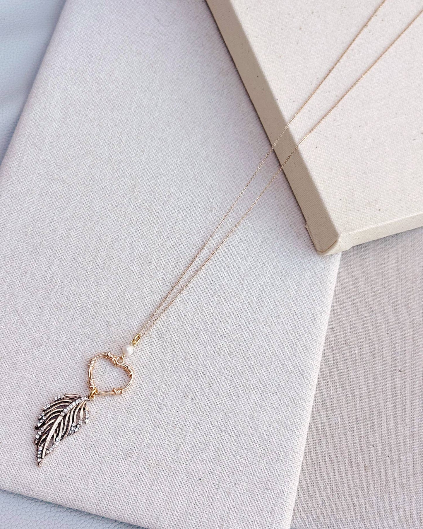 Gracie Rose Designs - Gold Heart & Rhinestone Feather Pendant Necklace