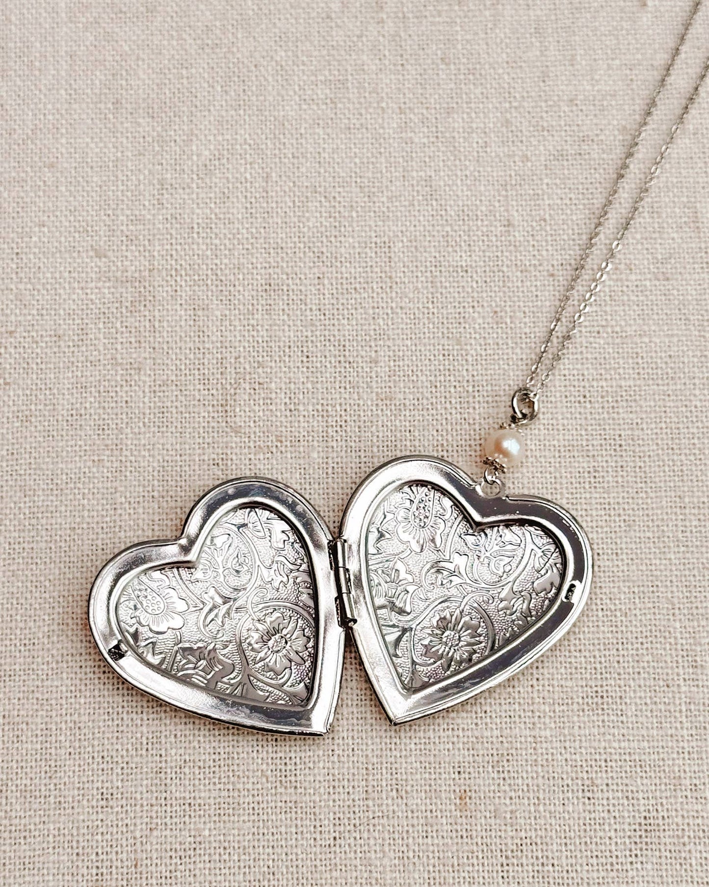 Gracie Rose Designs - Large Silver Heart Locket Freshwater Pearl Necklace