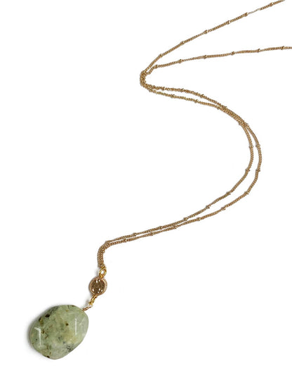 Gracie Rose Designs - Gold Fancy Chain Large Green Prehnite Pendant Necklace