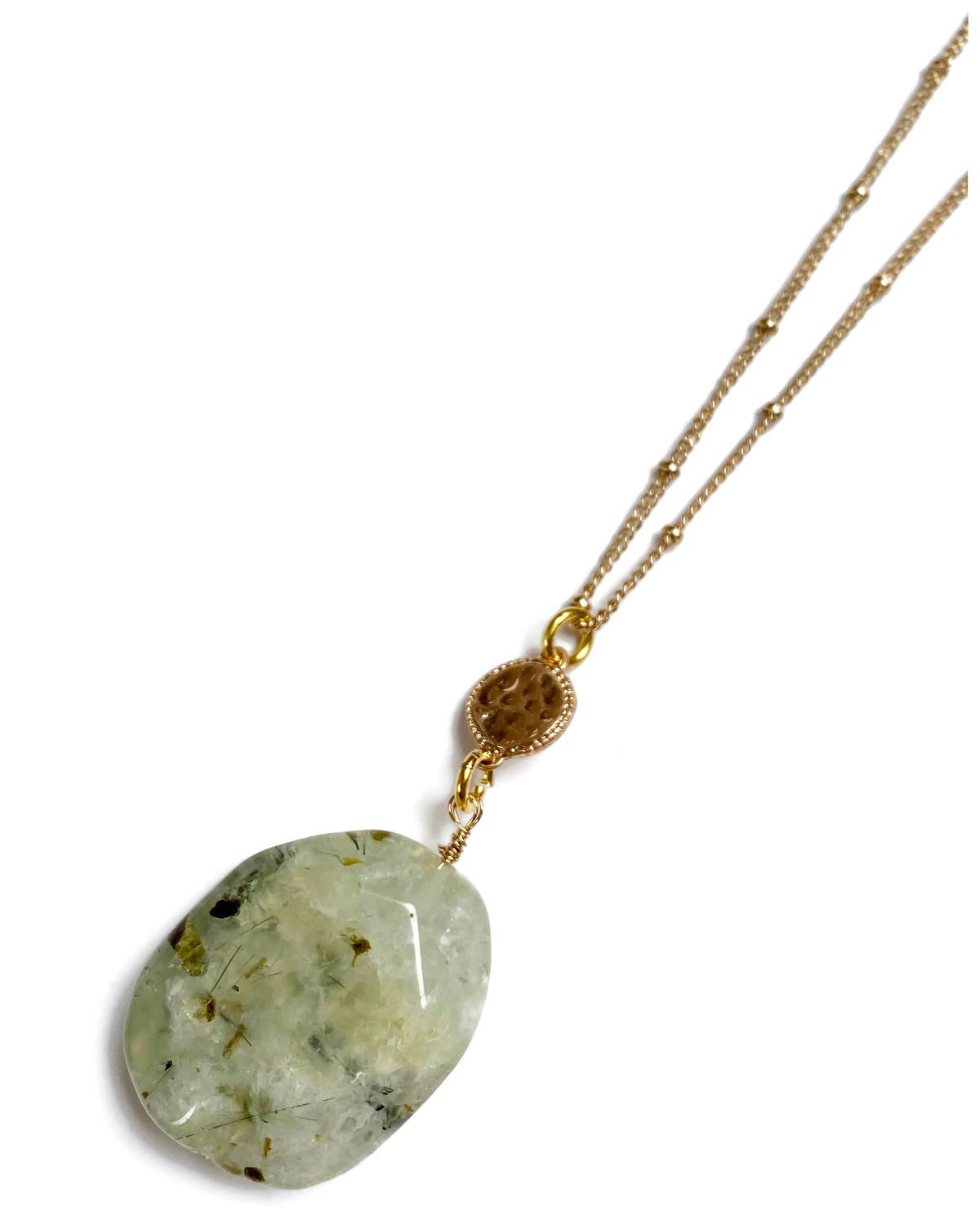 Gracie Rose Designs - Gold Fancy Chain Large Green Prehnite Pendant Necklace