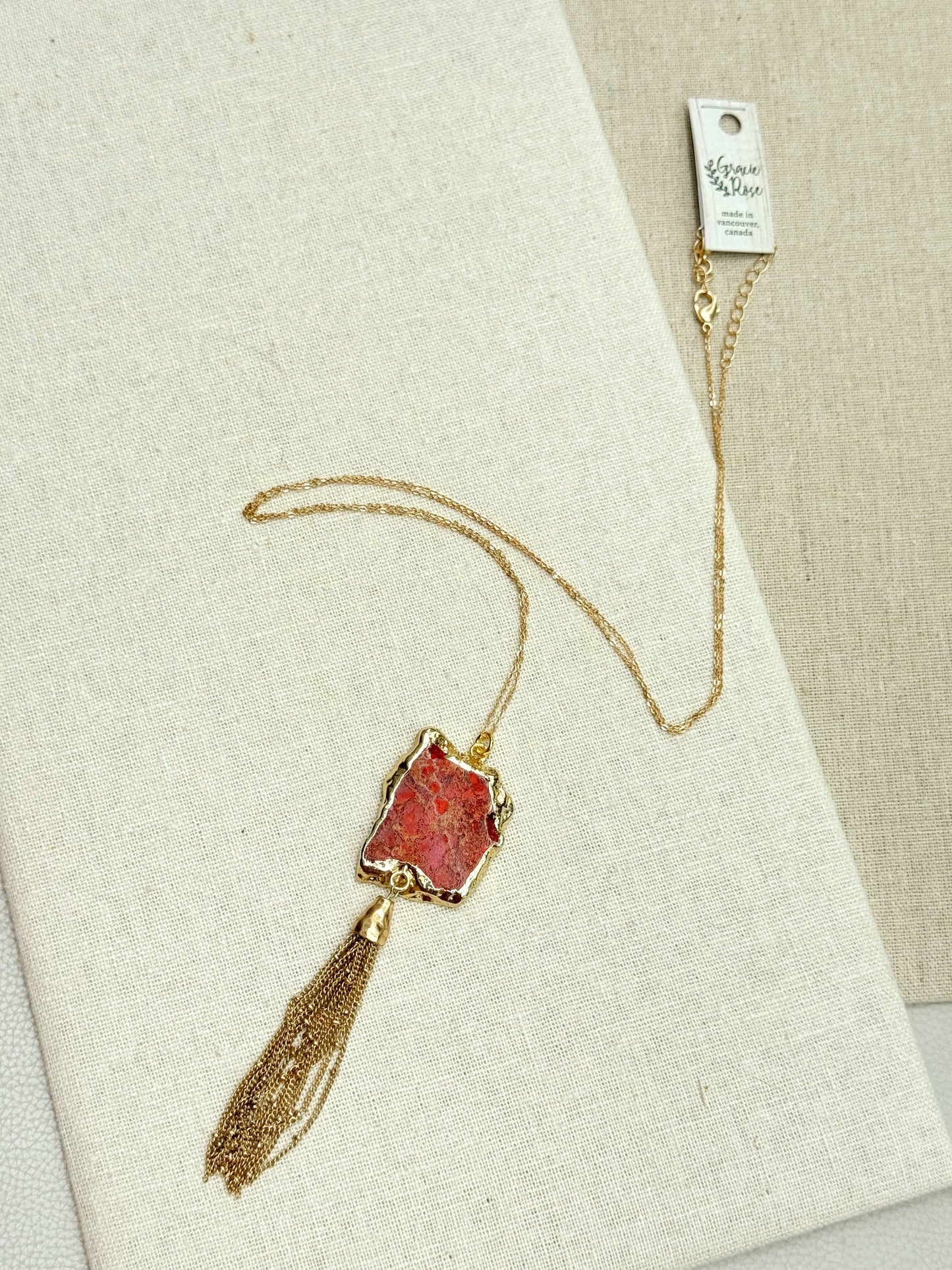 Gracie Rose Designs - One of a Kind Gold Red Sea Jasper Pendant Tassel Necklace