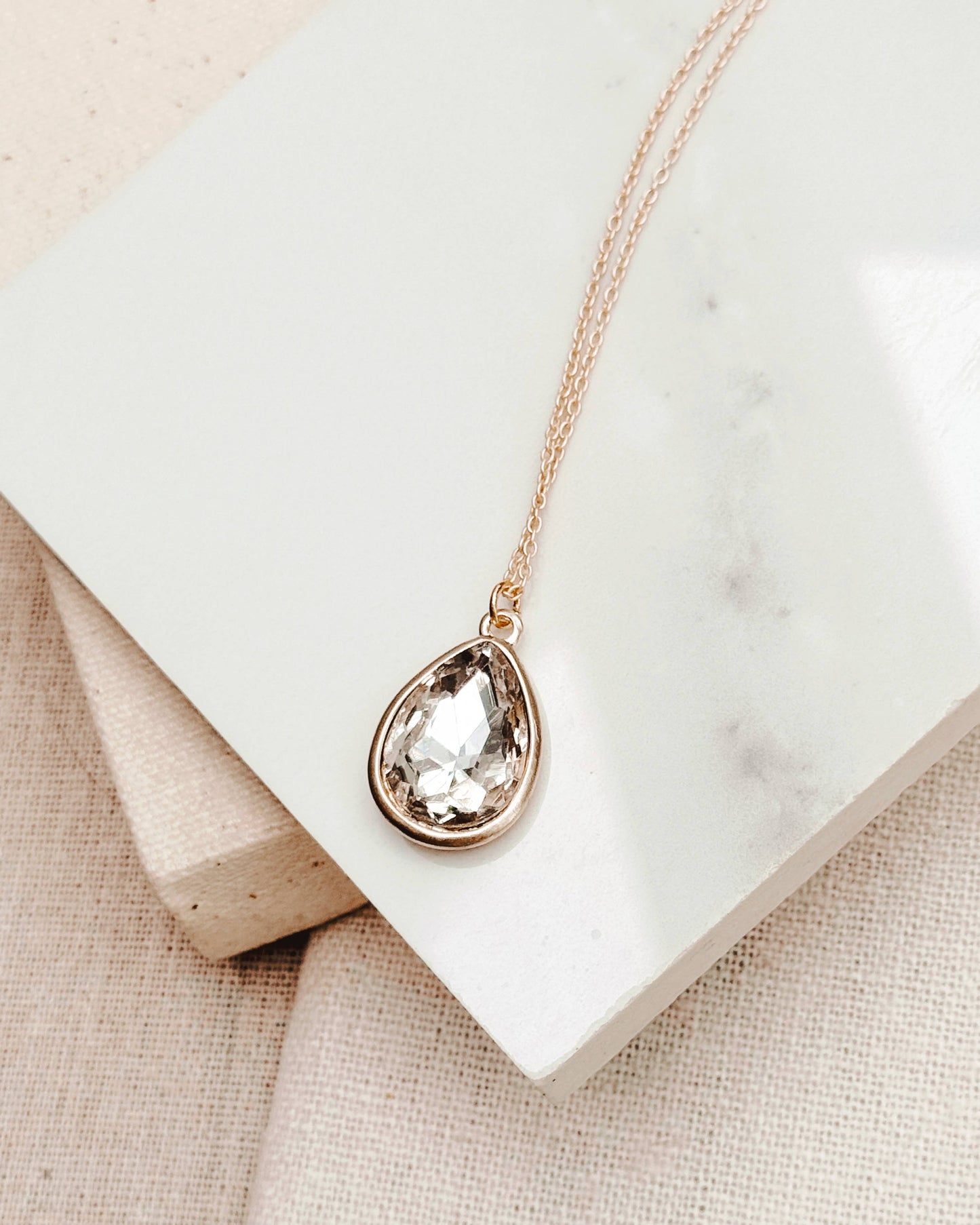 Gracie Rose Designs - Minimalist Matte Gold Crystal Teardrop Charm Long Necklace