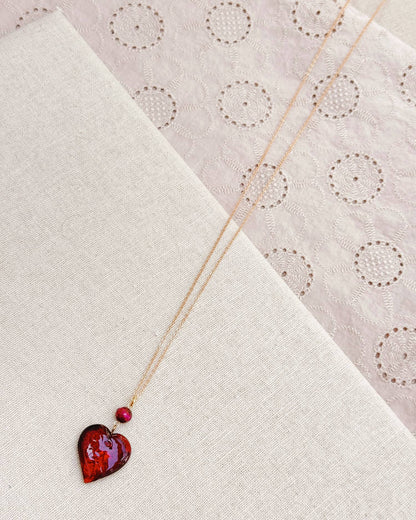 Gracie Rose Designs - Medium Murano Glass Ruby Red Heart Necklace with Gold Chain