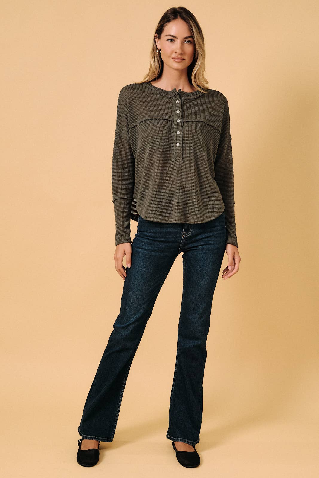 Gilli Henley by Sunday Edition LONG SLEEVE DROP SHOULDER BOXY TOP