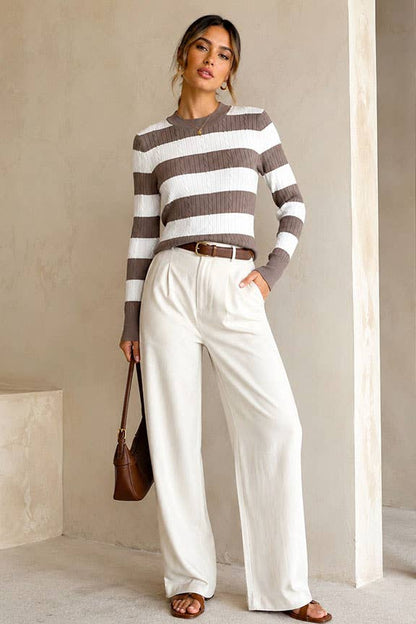 TIMING - Stripe Cable Knit Sweater Mocha Colored