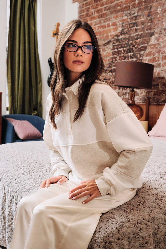 Sunday Edition by LE LIS - POLO COLLAR LONG SLEEVE COLOR BLOCK RUGBY PULLOVER TOP Light Grey