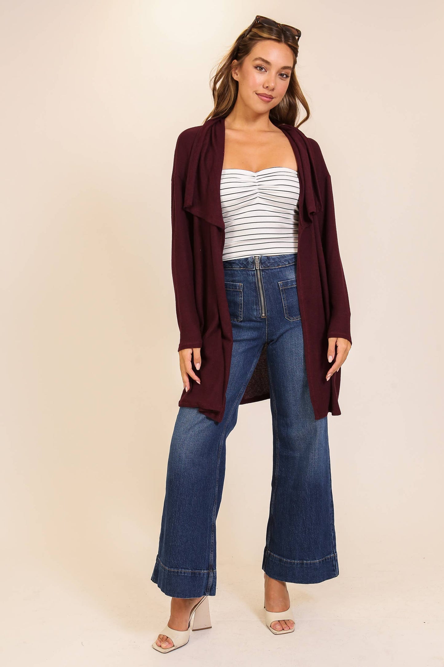 TIMING - Cozy Open-Front Knit Cardigan Wine