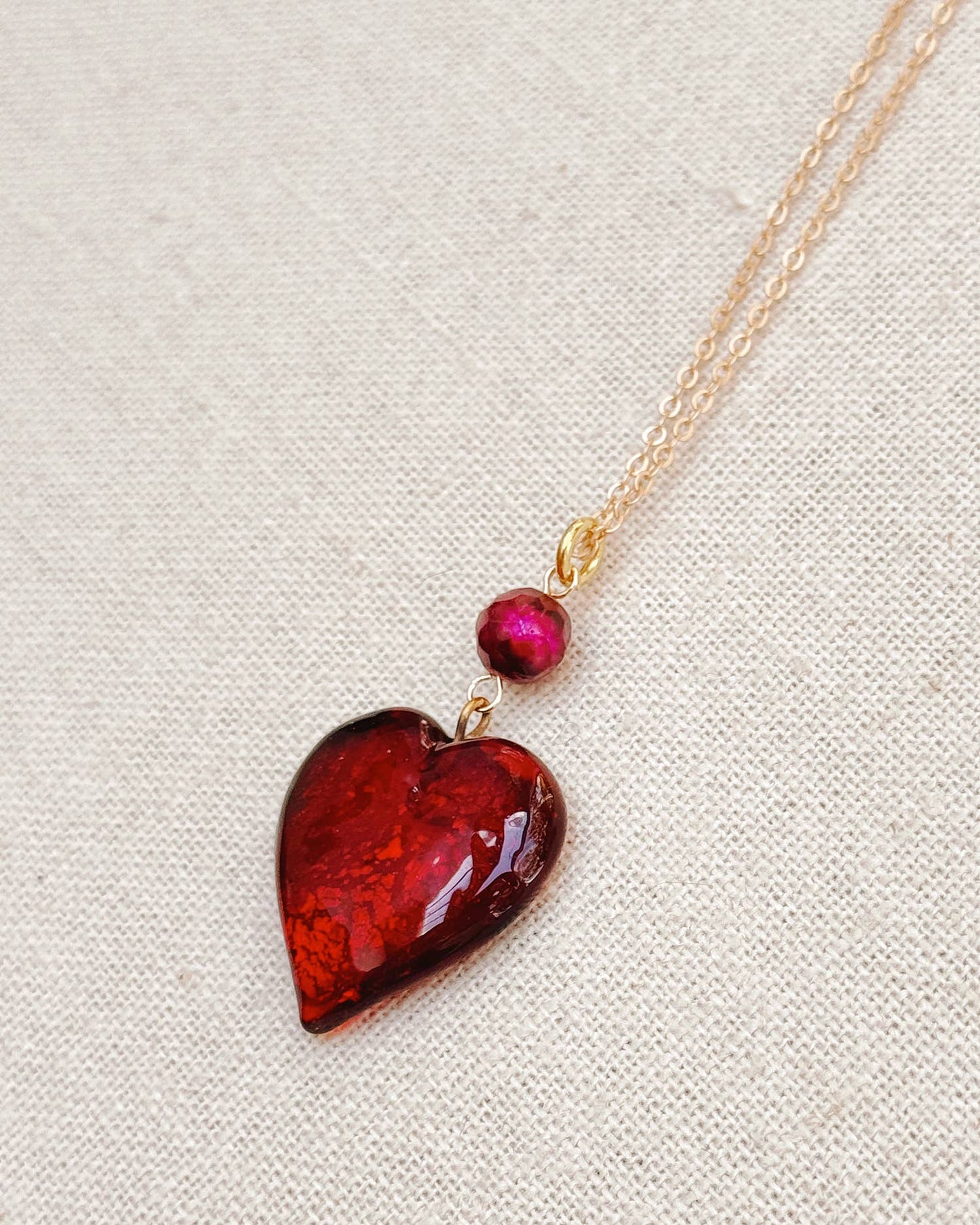 Gracie Rose Designs - Medium Murano Glass Ruby Red Heart Necklace with Gold Chain