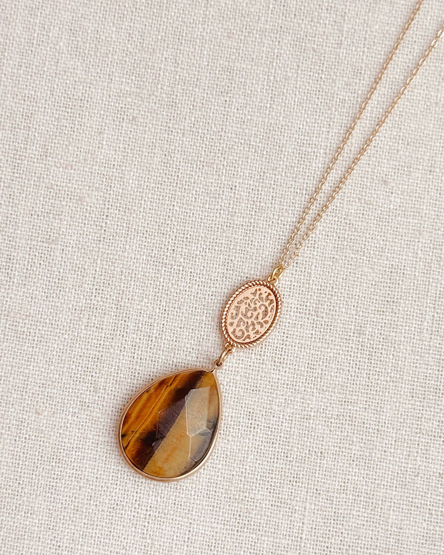 Gracie Rose Designs - Tiger's Eye Teardrop Filigree Pendant Long Gold Necklace