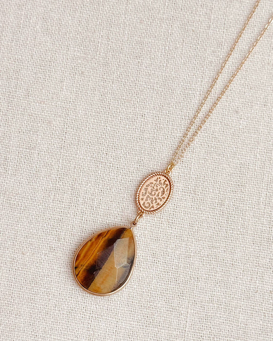 Gracie Rose Designs - Tiger's Eye Teardrop Filigree Pendant Long Gold Necklace