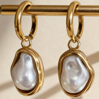 Aurea Jewelry - Stainless Steel Baroque Pearl Hoop Earrings