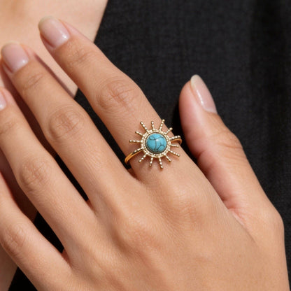 Aurea Jewelry - Stainless Steel Turquoise Sunburst Statement Open Ring