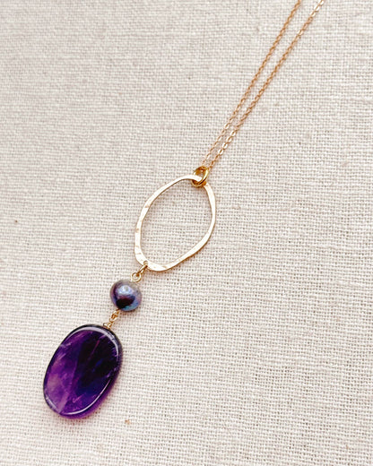 Gracie Rose Designs - Amethyst Stone & Freshwater Pearl Gold Hoop Pendant Necklace