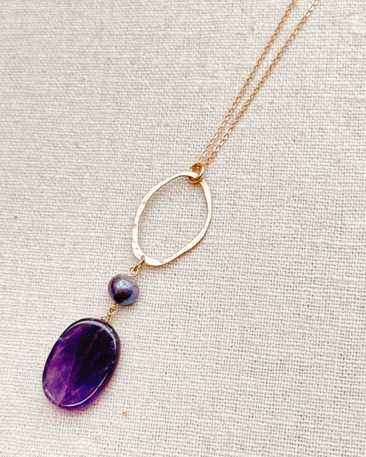 Gracie Rose Designs - Amethyst Stone & Freshwater Pearl Gold Hoop Pendant Necklace