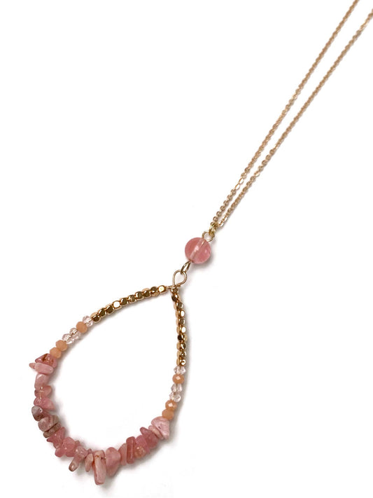 Gracie Rose Designs - Gold Semi-Precious Chip Beaded Teardrop Pendant Necklace: Strawberry Quartz