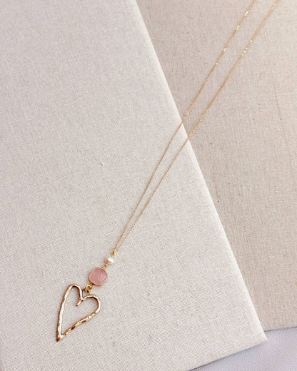 Gracie Rose Designs - Romantic Gold Rose Quartz Love Heart Pendant Long Necklace