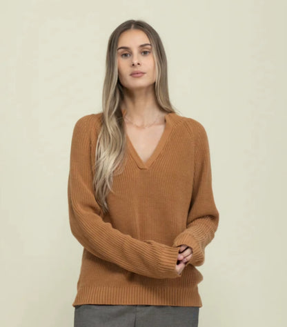 ORB Christy Mock Neck Open Henley Camel XL