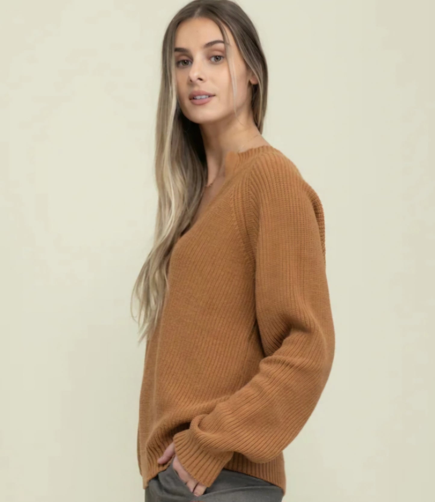 ORB Christy Mock Neck Open Henley Camel XL