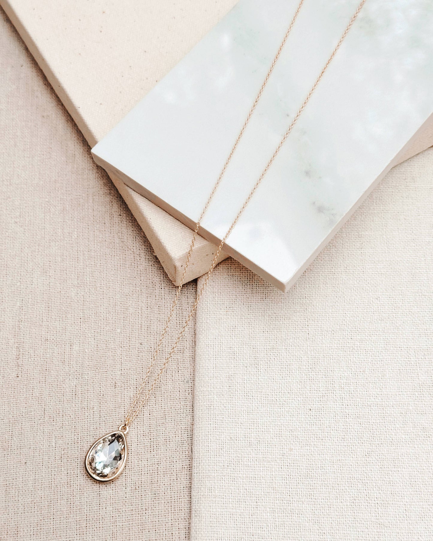 Gracie Rose Designs - Minimalist Matte Gold Crystal Teardrop Charm Long Necklace