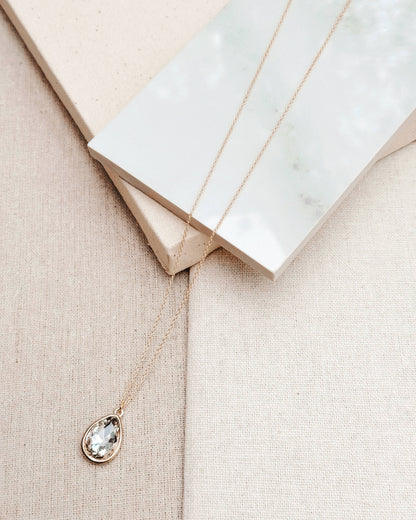 Gracie Rose Designs - Minimalist Matte Gold Crystal Teardrop Charm Long Necklace