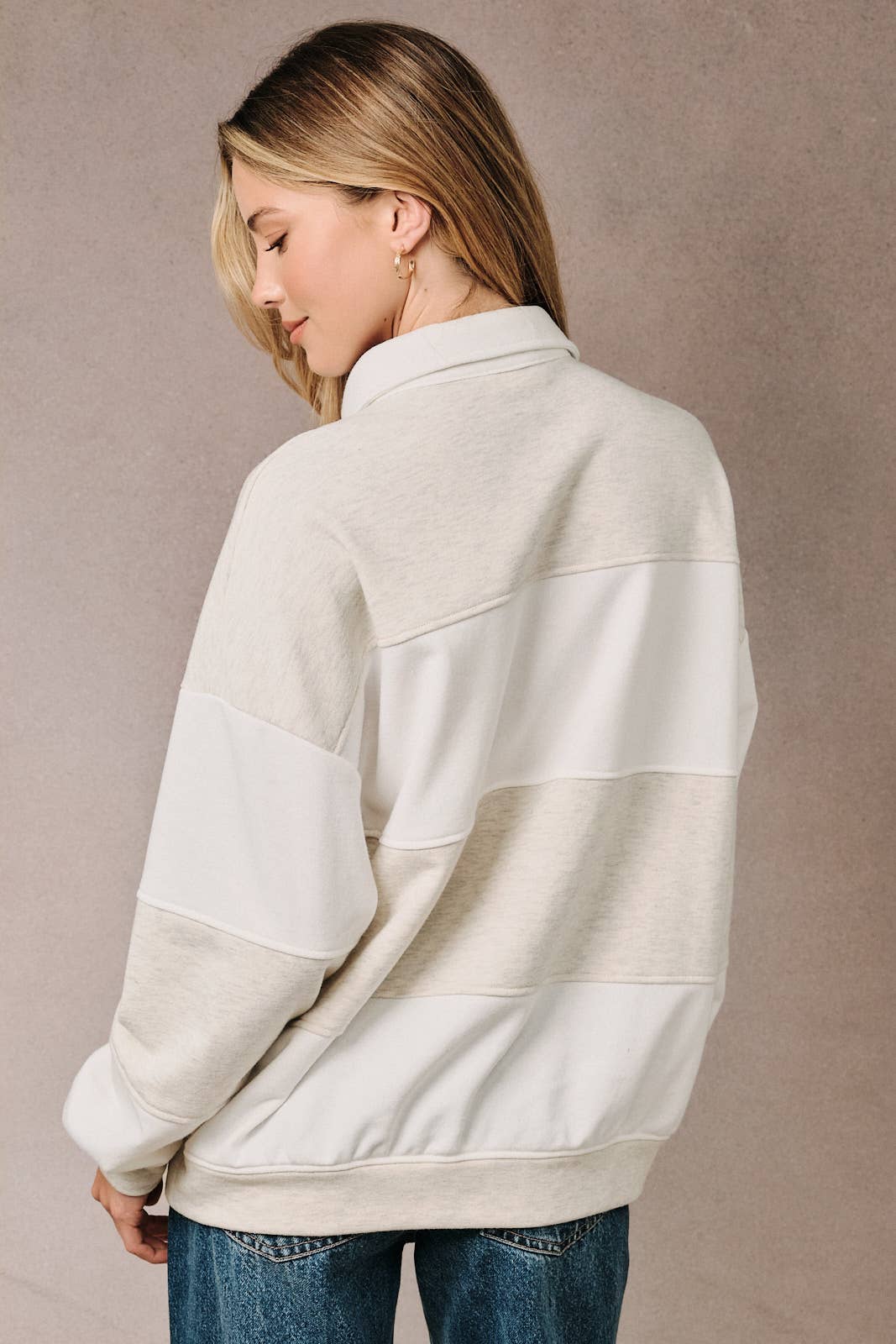 Sunday Edition by LE LIS - POLO COLLAR LONG SLEEVE COLOR BLOCK RUGBY PULLOVER TOP Light Grey