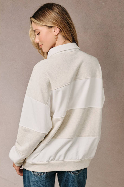 Sunday Edition by LE LIS - POLO COLLAR LONG SLEEVE COLOR BLOCK RUGBY PULLOVER TOP Light Grey