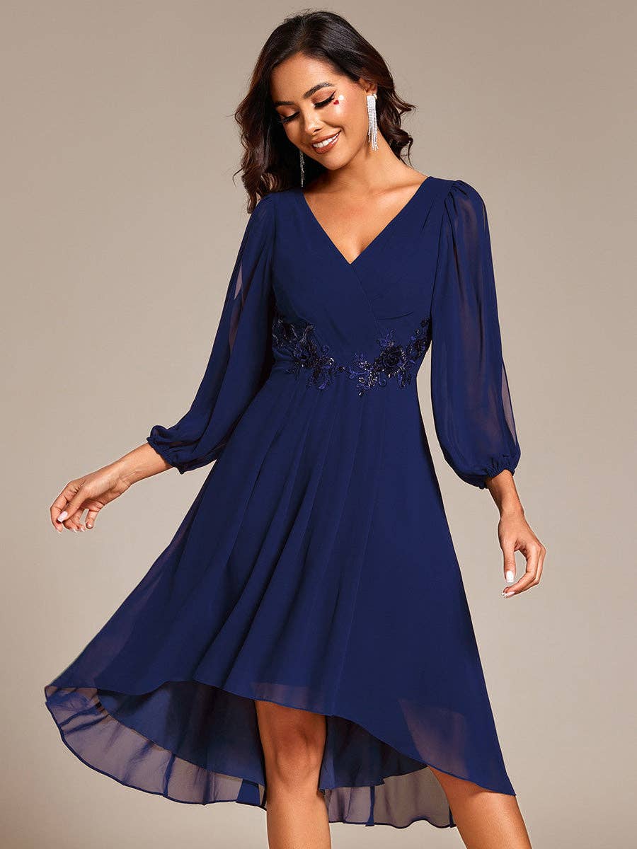 Ever-Pretty - Elegant Lantern Sleeve Midi-Length Evening Dresses