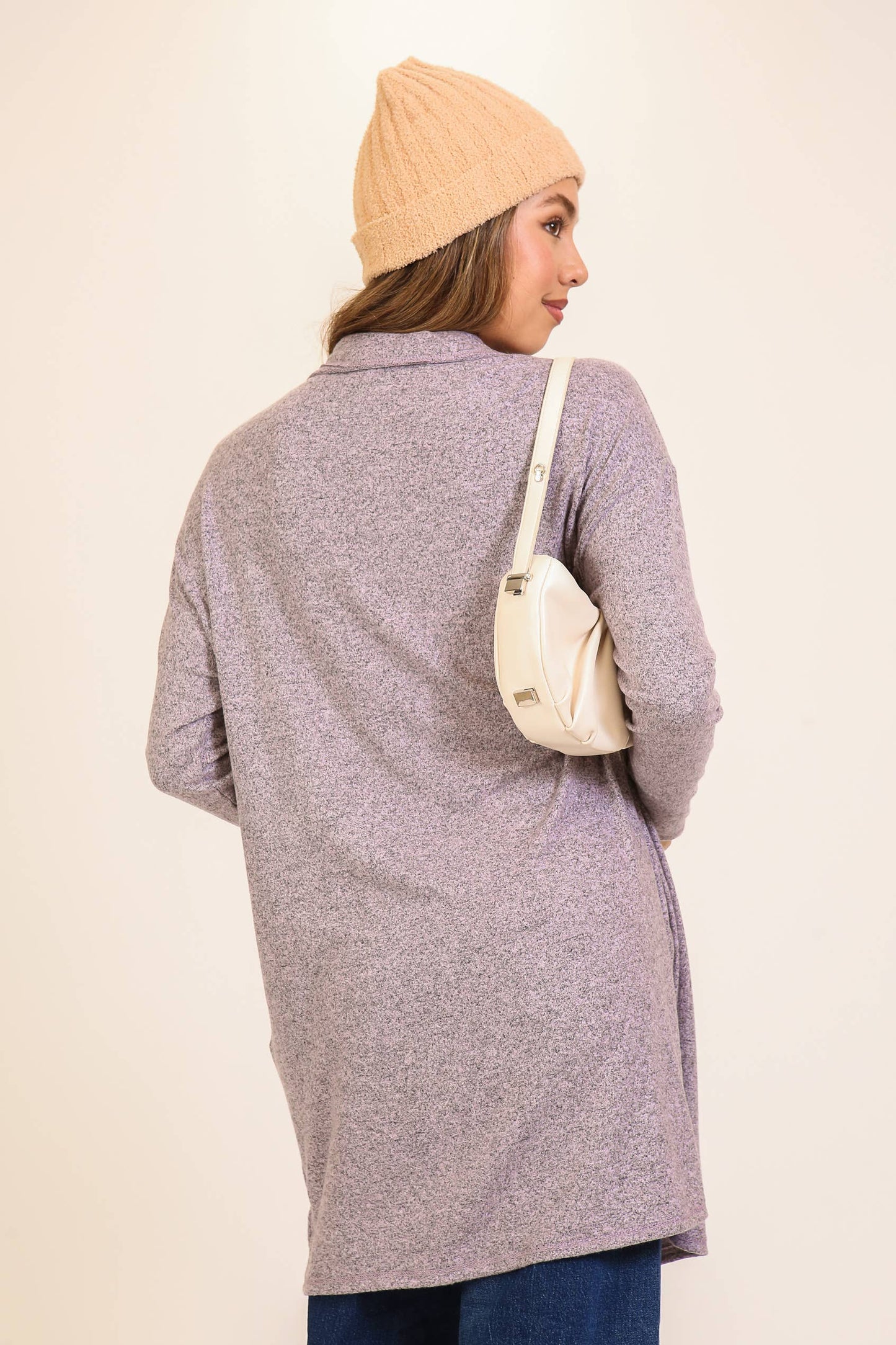 TIMING - Cozy Open-Front Knit Cardigan Lavender