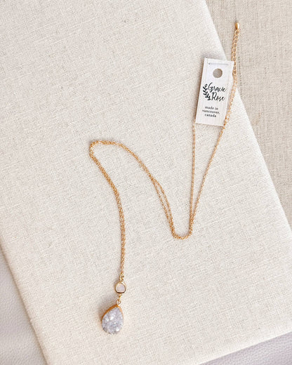 Gracie Rose Designs - Matte Gold Teardrop Druzy Quartz Pendant Long Necklace