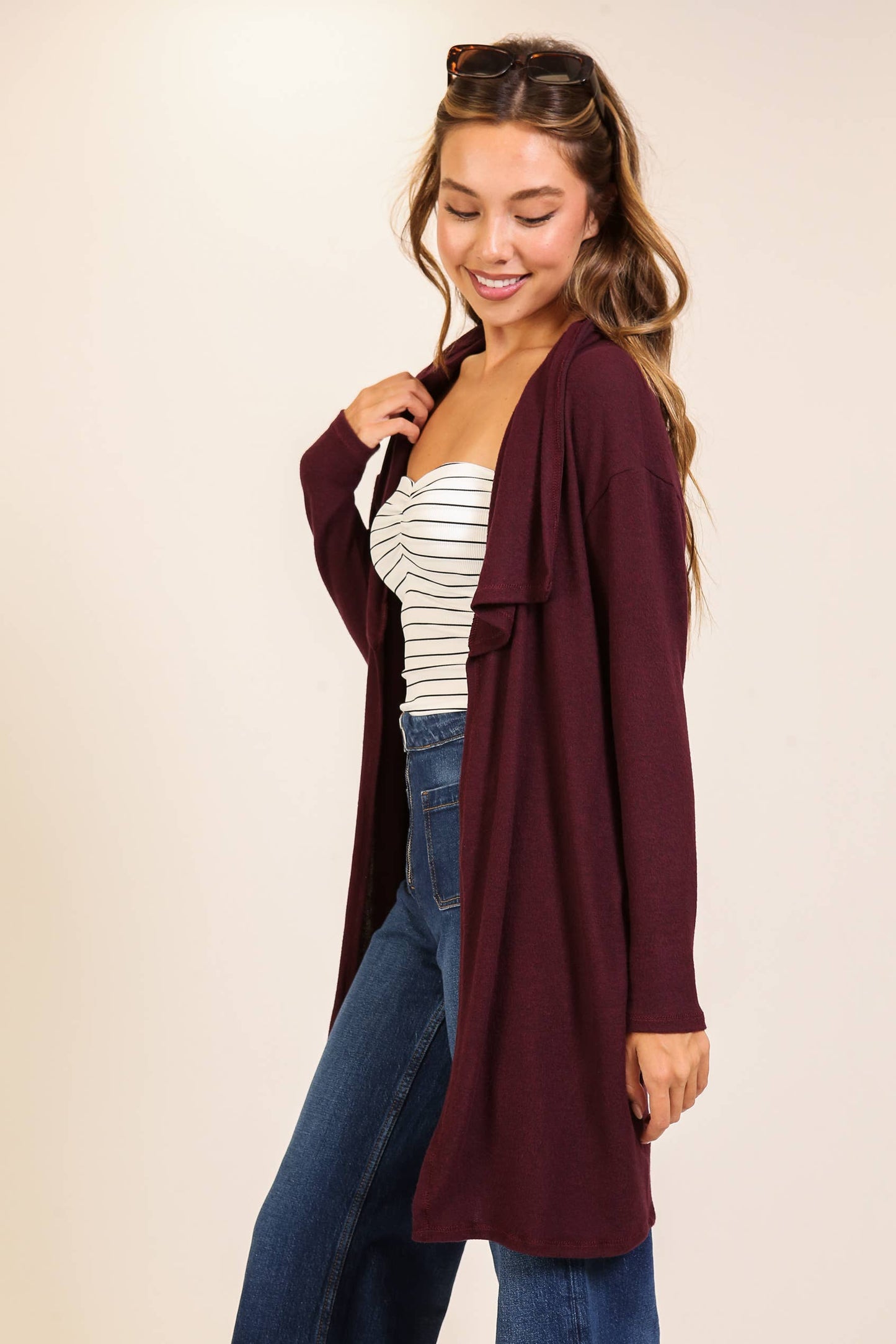 TIMING - Cozy Open-Front Knit Cardigan Wine