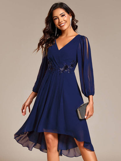 Ever-Pretty - Elegant Lantern Sleeve Midi-Length Evening Dresses