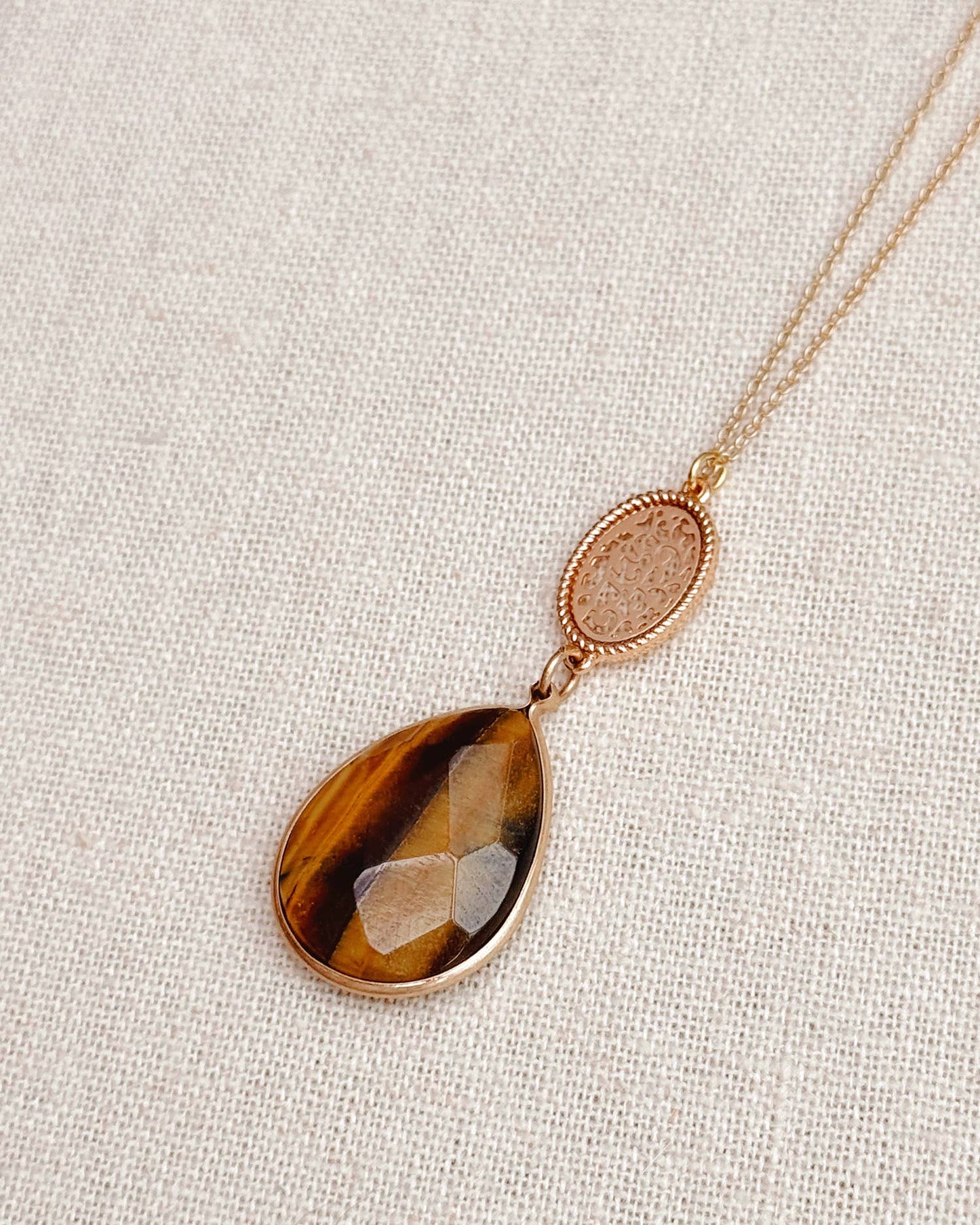 Gracie Rose Designs - Tiger's Eye Teardrop Filigree Pendant Long Gold Necklace