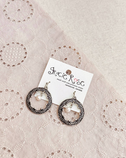 Gracie Rose Designs - Textured Silver Hoop Earrings with Pearl Charms