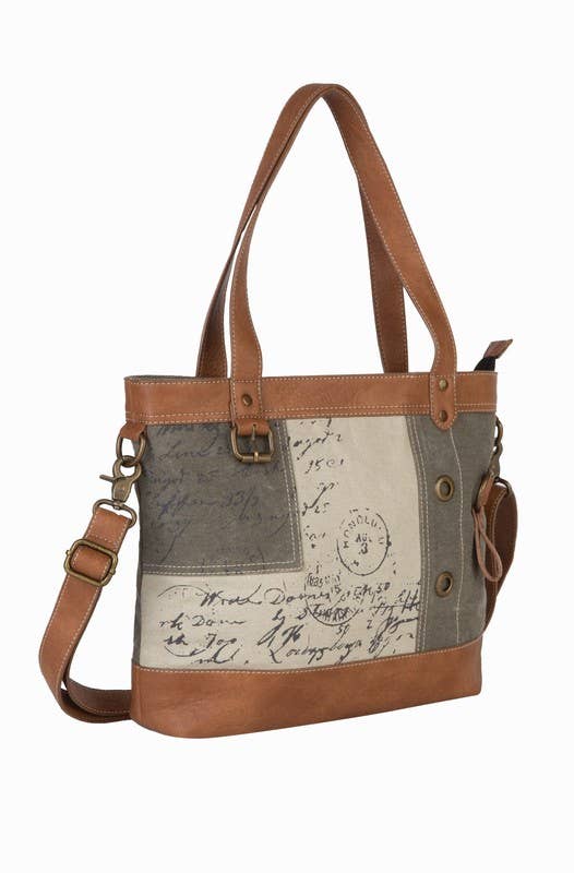 Mona B. - Vintage Script Up-Cycled Canvas Women's Shoulder Bag
