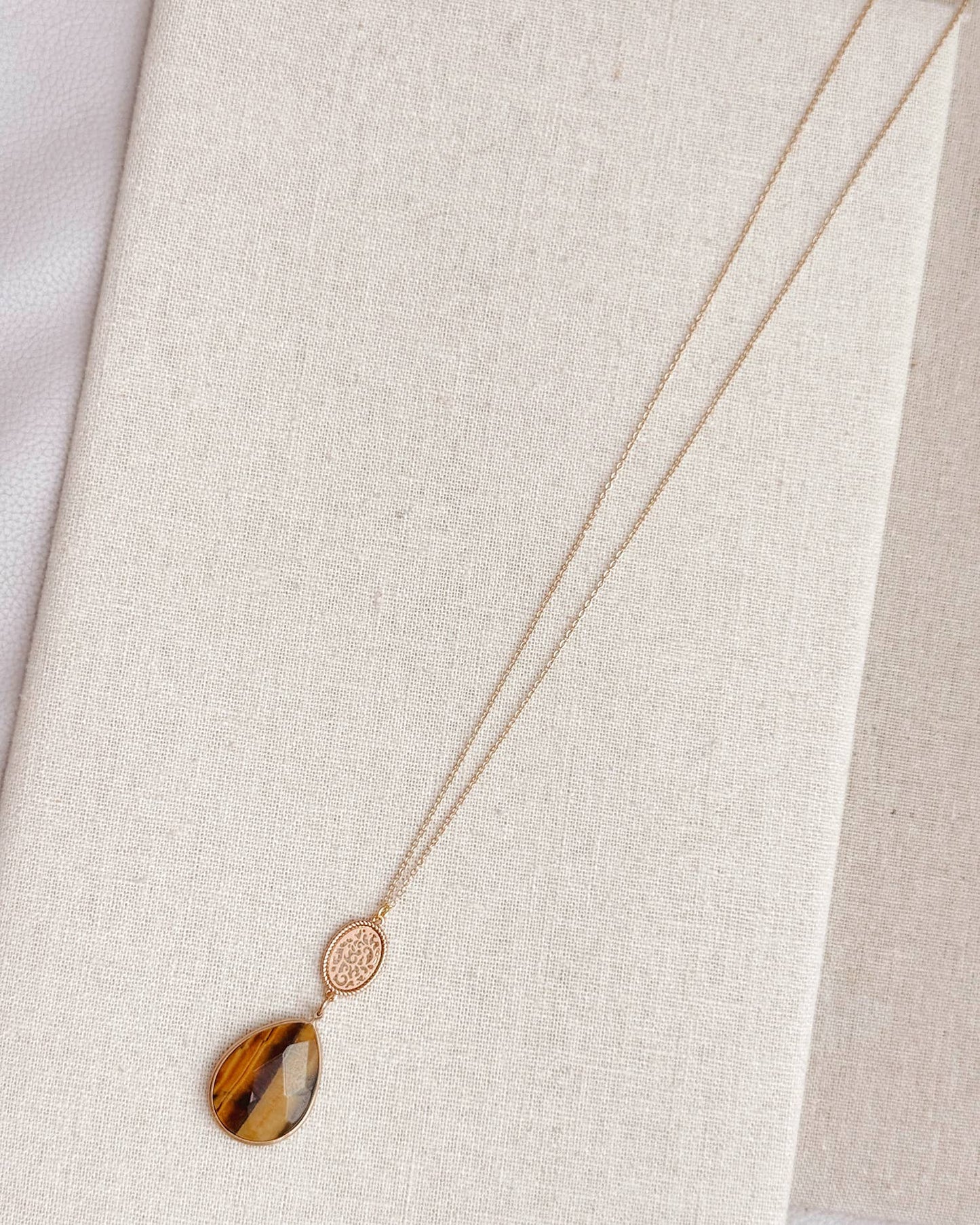 Gracie Rose Designs - Tiger's Eye Teardrop Filigree Pendant Long Gold Necklace