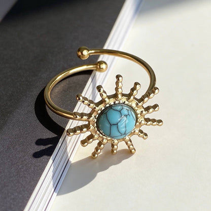 Aurea Jewelry - Stainless Steel Turquoise Sunburst Statement Open Ring