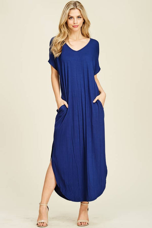 BOMBOM - SOLID MAXI DRESS WITH SIDE POCKETS ESTATE BLUE