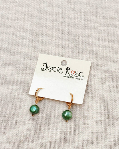 Gracie Rose Designs - Sage Green Freshwater Pearl Drop Gold Huggie Earrings