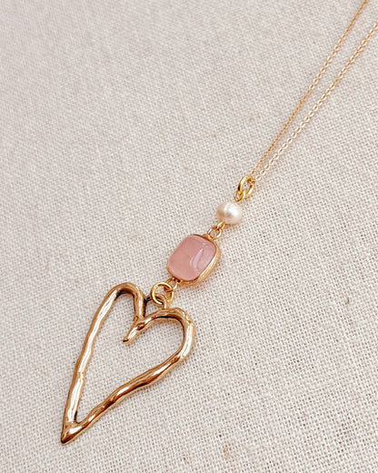Gracie Rose Designs - Romantic Gold Rose Quartz Love Heart Pendant Long Necklace