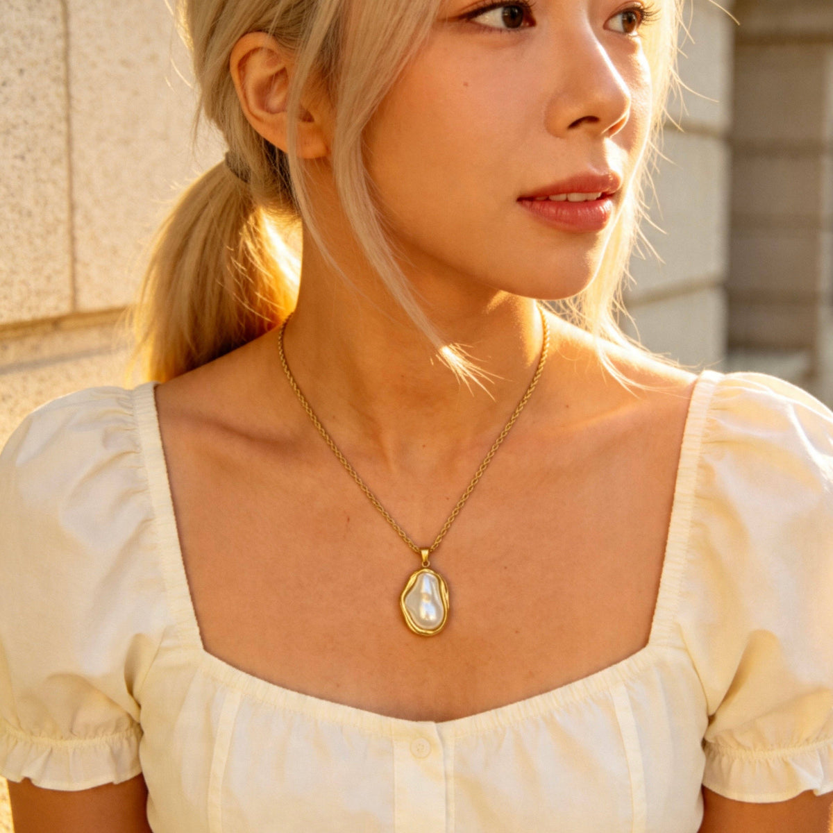 Aurea Jewelry - Stainless Steel Baroque Pearl Gold Pendant Necklace