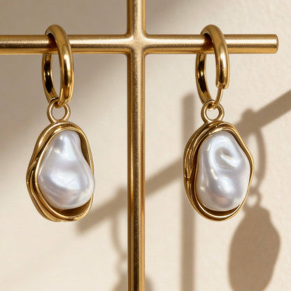 Aurea Jewelry - Stainless Steel Baroque Pearl Hoop Earrings