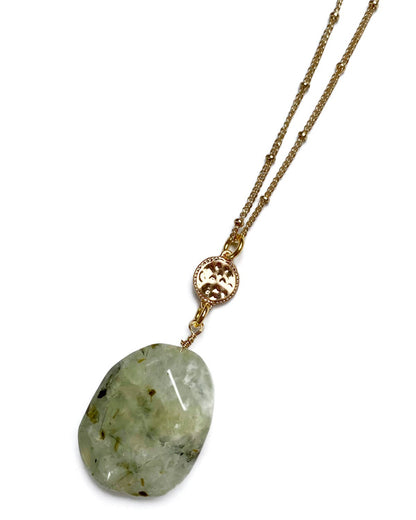 Gracie Rose Designs - Gold Fancy Chain Large Green Prehnite Pendant Necklace